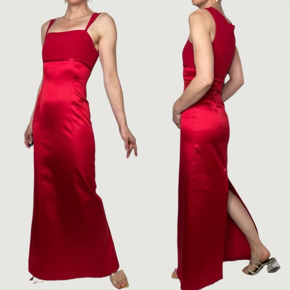 Vintage Cache red satin dress column cocktail maxi square‎ neck sleeveless S - Picture 1 of 17